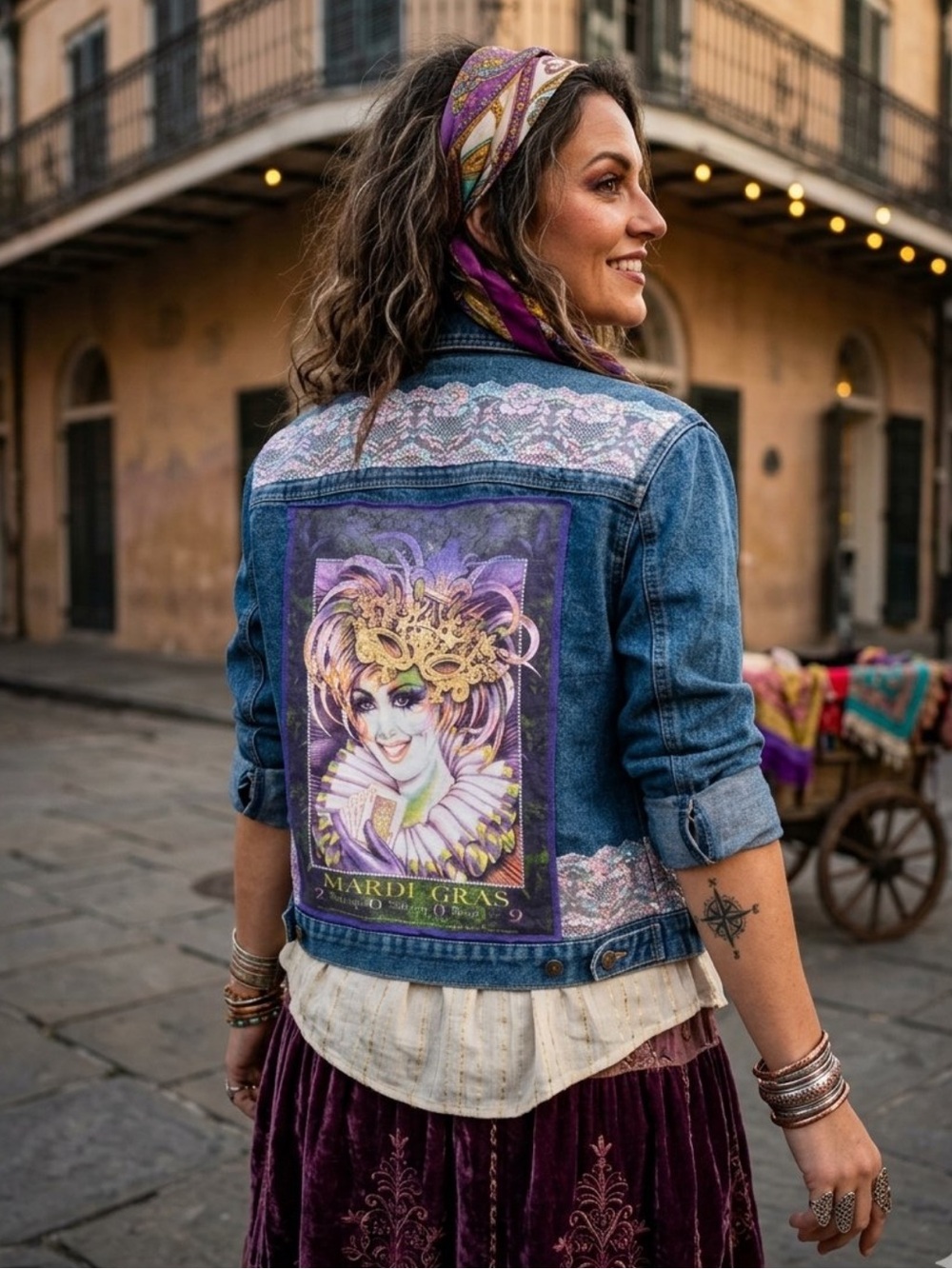 Upcycled vintage Mardi Gras and lace patched Calvin Klein Jean jacket